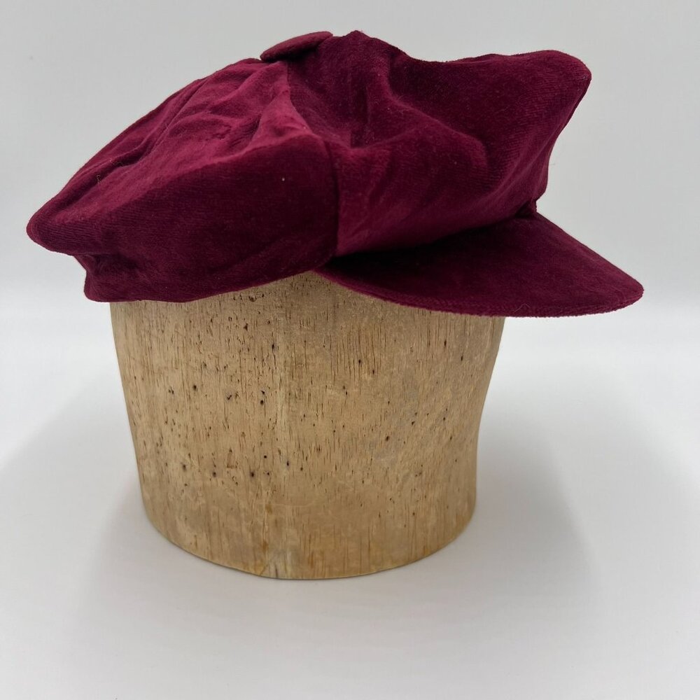 Vintage Montgomery Ward Newsboy Cap Wine Raspberry Velvet Cotton Polyester Blend